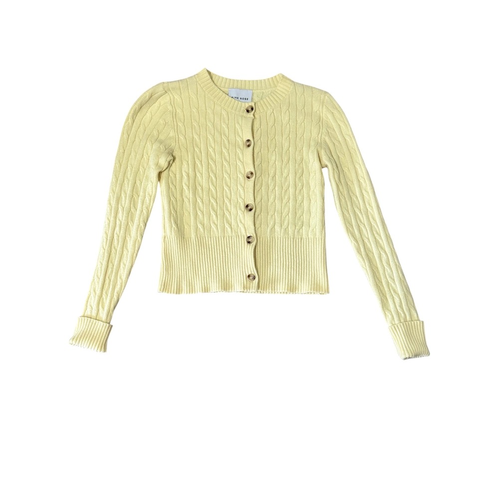 Pink Rose Womens Size-XS Cable Knit Cardigan Sweater Pale Yellow Button Front